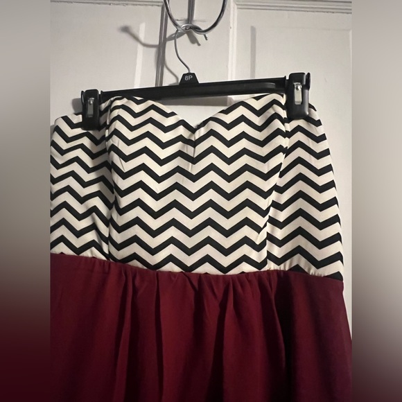 Chevron Black and White Strapless Dress with Berry Colored High Low Lined Skirt - Picture 2 of 4
